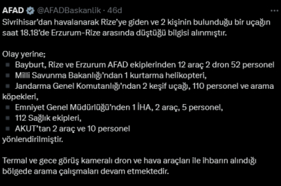 AFAD düşen küçük uçakta bulunan 2 kişi için  arama kurtarma operasyonu başlattı.